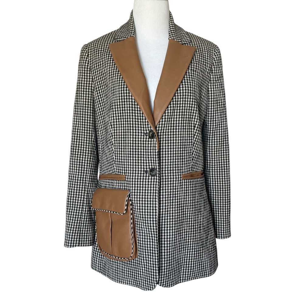 Pearl Black and White Checkered Blazer with Tan Details